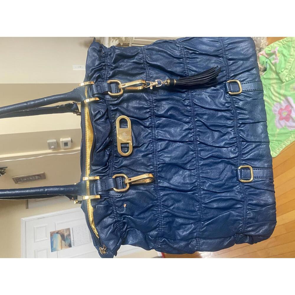 Navy Blue Women's Shoulder Bag with Gold Hardware and Tassel